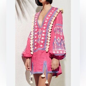 Pink Embroidered V-Neck Tassel Tunic
